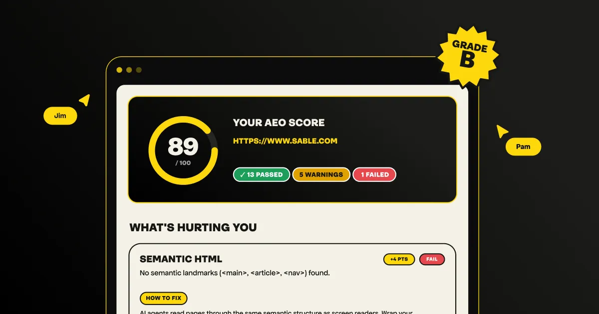 AEO audit results: a score of 89 out of 100, grade B, with 13 passed, 5 warnings and 1 failed check, and how to fix them