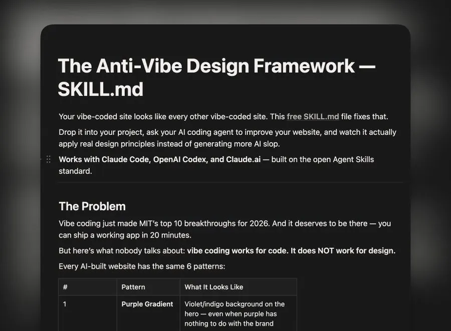 Anti-vibe design framework: SKILL.md