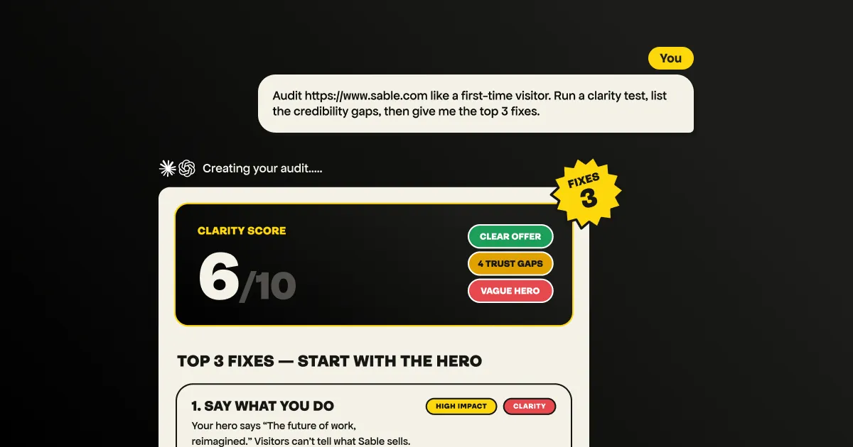 An AI chat: one audit prompt sent, answered with a clarity score of 6 out of 10 and the top 3 fixes, starting with the hero